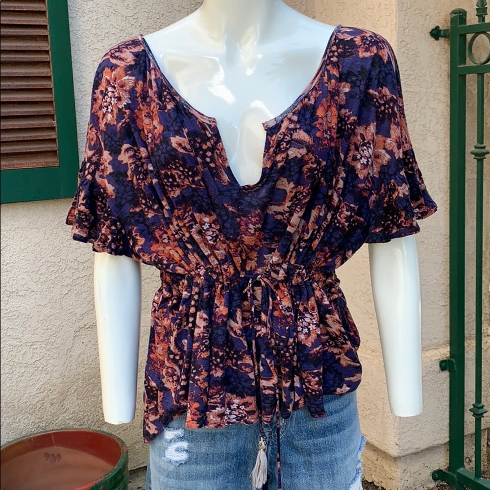 Free People Floral Drawstring Peplum Top - Navy & Rust